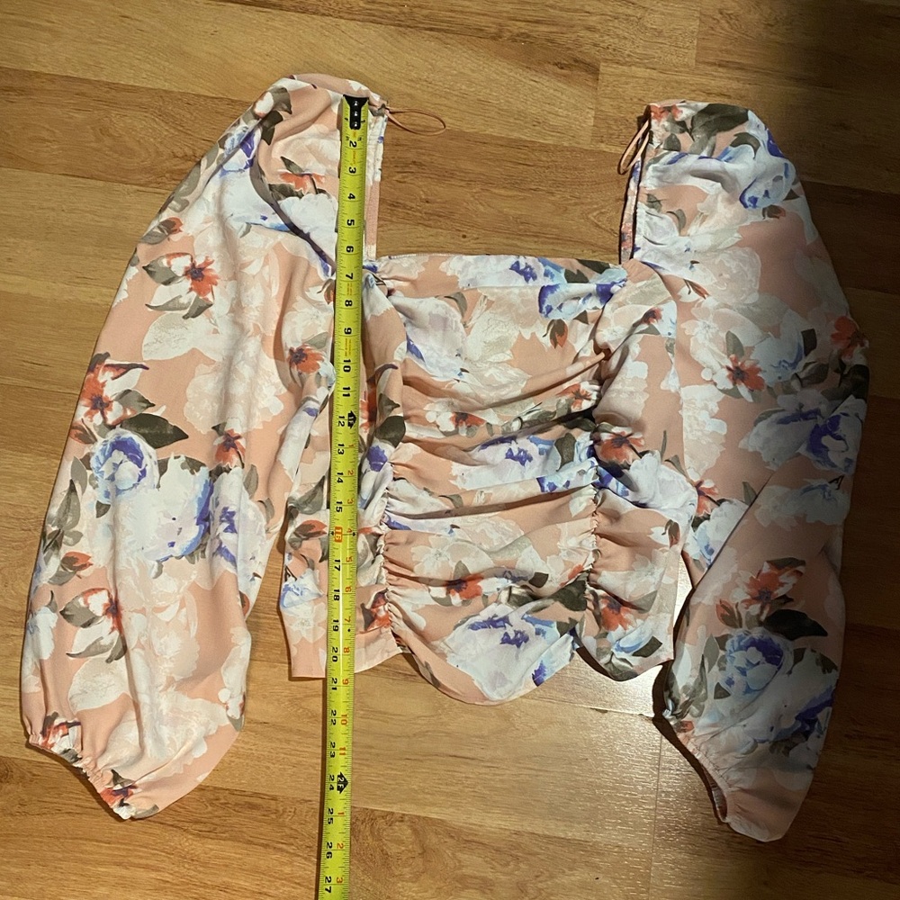Express Floral Print Ruched Puff Sleeve Square Neck Off Shoulder Top Large - Picture 4 of 12